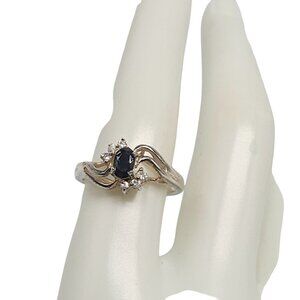 Vintage Silver Plated Lab Created Blue Sapphire and CZ Accents Size 8.25